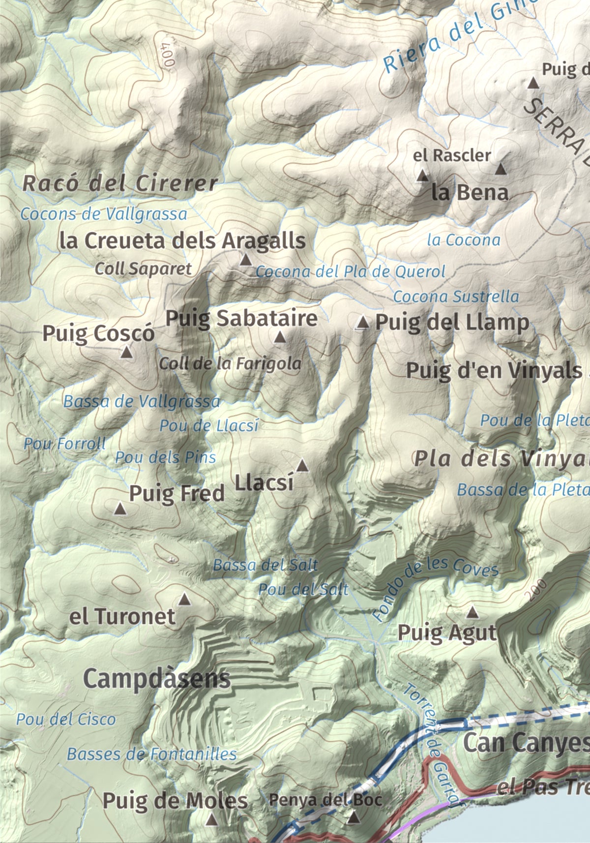 Mapa topogràfic del relleu: La Morella, 594 m. Detall de la zona inferior esquerra. 21 × 30 cm.