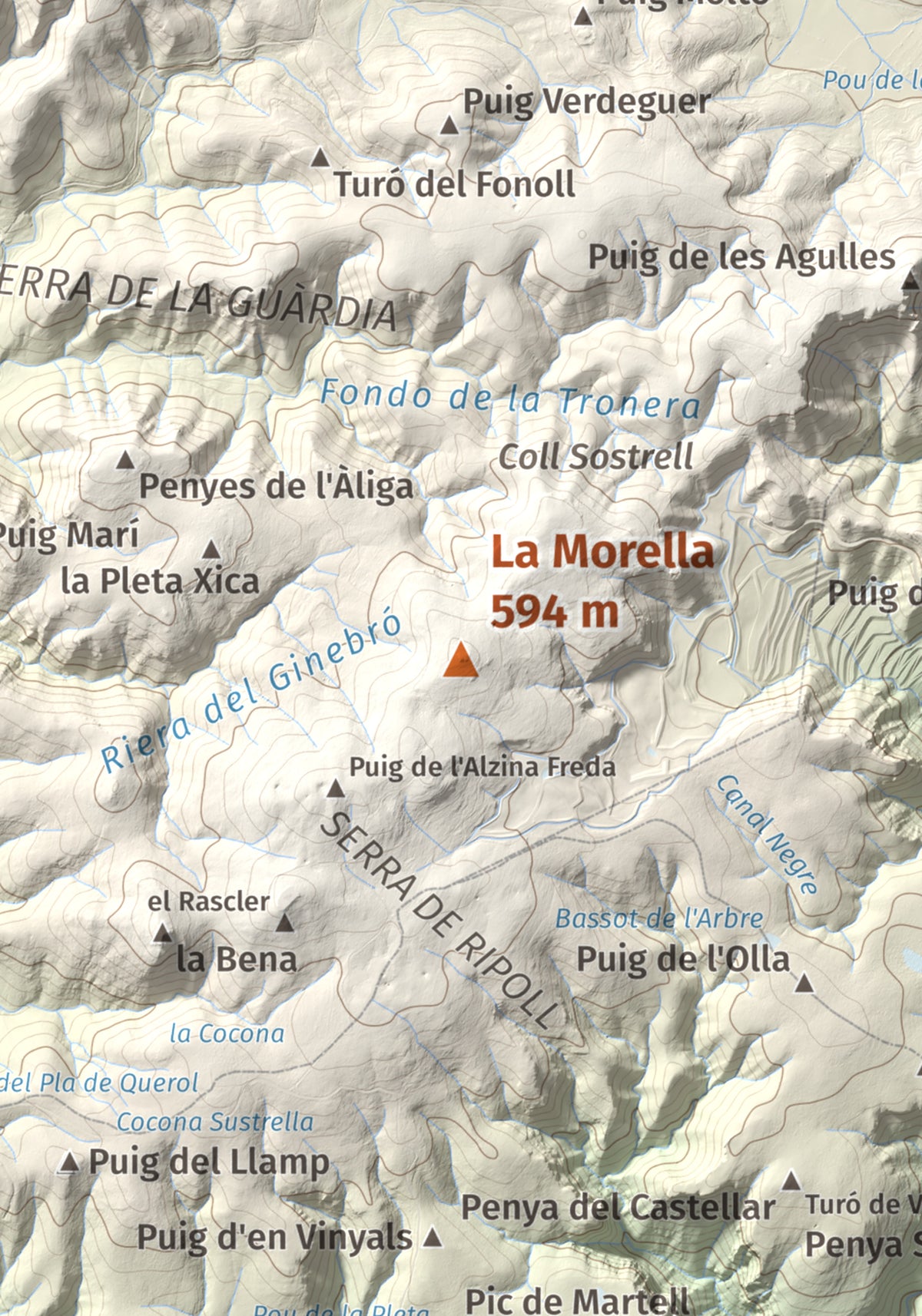 Mapa topogràfic del relleu: La Morella, 594 m. Detall de la zona central. 21 × 30 cm.