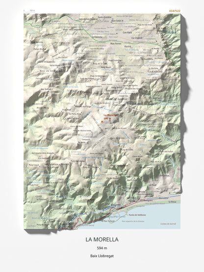 Mapa topogràfic del relleu: La Morella, 594 m. Làmina completa. 30 × 40 cm.