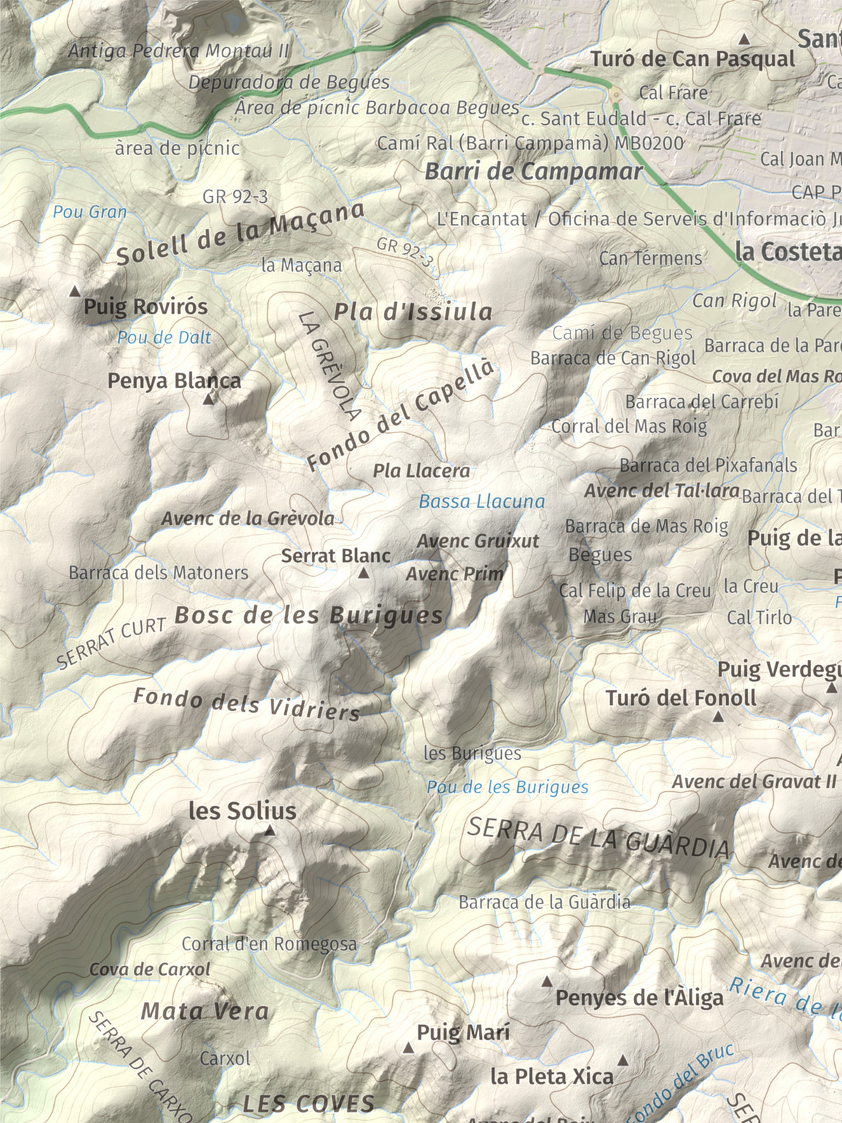 Mapa topogràfic del relleu: La Morella, 594 m. Detall de la zona superior esquerra. 30 × 40 cm.