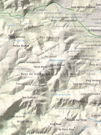 Mapa topogràfic del relleu: La Morella, 594 m. Detall de la zona superior esquerra. 30 × 40 cm.