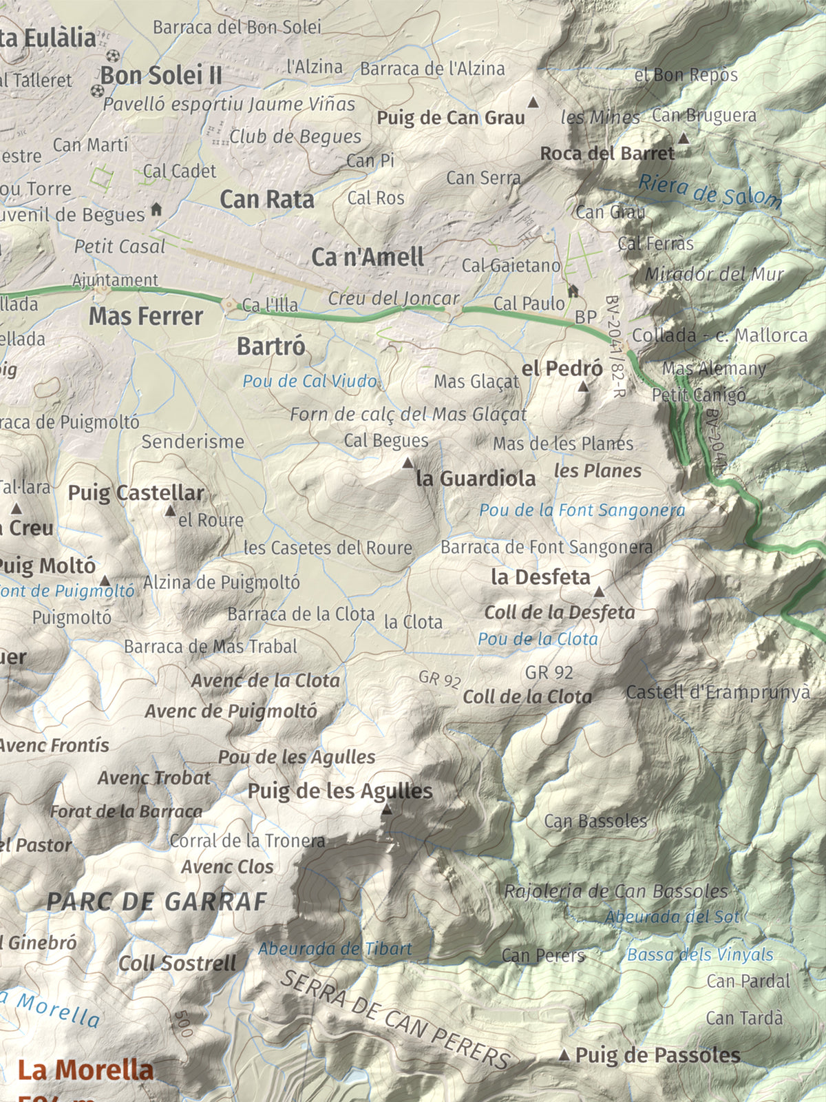 Mapa topogràfic del relleu: La Morella, 594 m. Detall de la zona superior dreta. 30 × 40 cm.