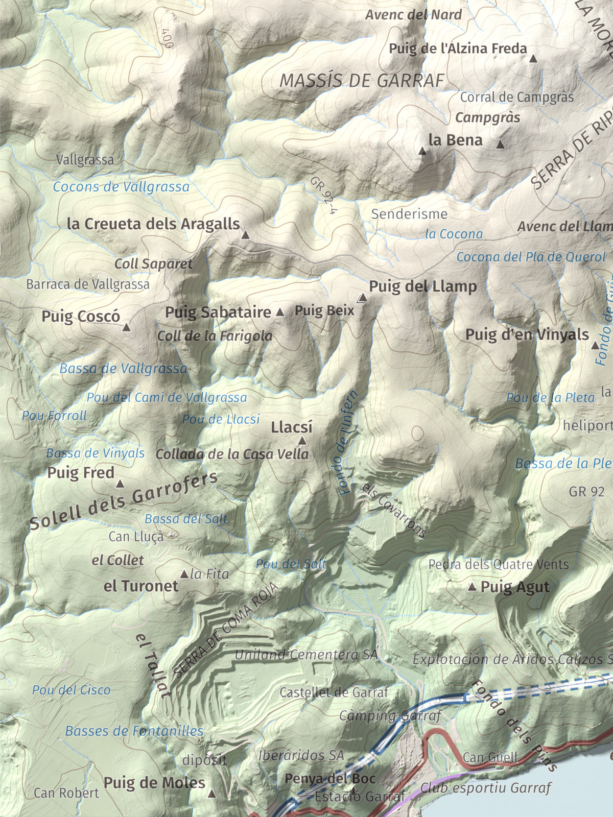 Mapa topogràfic del relleu: La Morella, 594 m. Detall de la zona inferior esquerra. 30 × 40 cm.