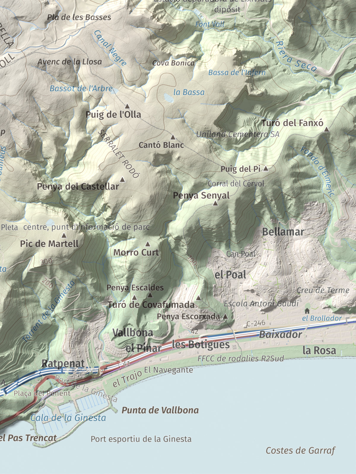Mapa topogràfic del relleu: La Morella, 594 m. Detall de la zona inferior dreta. 30 × 40 cm.