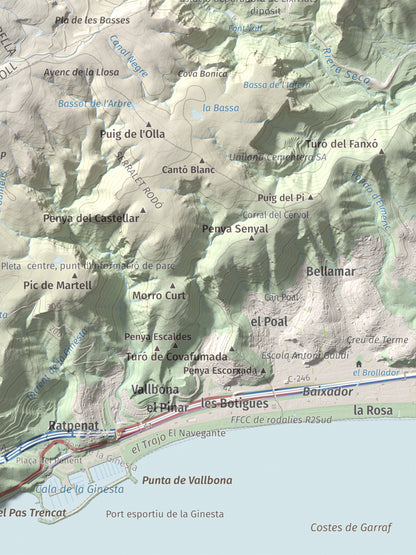 Mapa topogràfic del relleu: La Morella, 594 m. Detall de la zona inferior dreta. 30 × 40 cm.