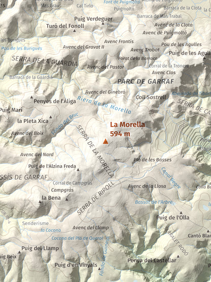 Mapa topogràfic del relleu: La Morella, 594 m. Detall de la zona central. 30 × 40 cm.
