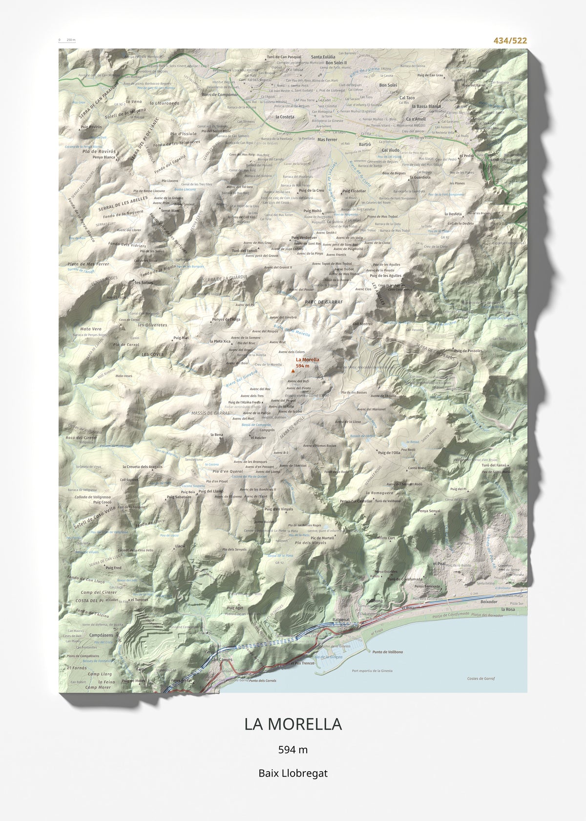 Mapa topogràfic del relleu: La Morella, 594 m. Làmina completa. 50 × 70 cm.