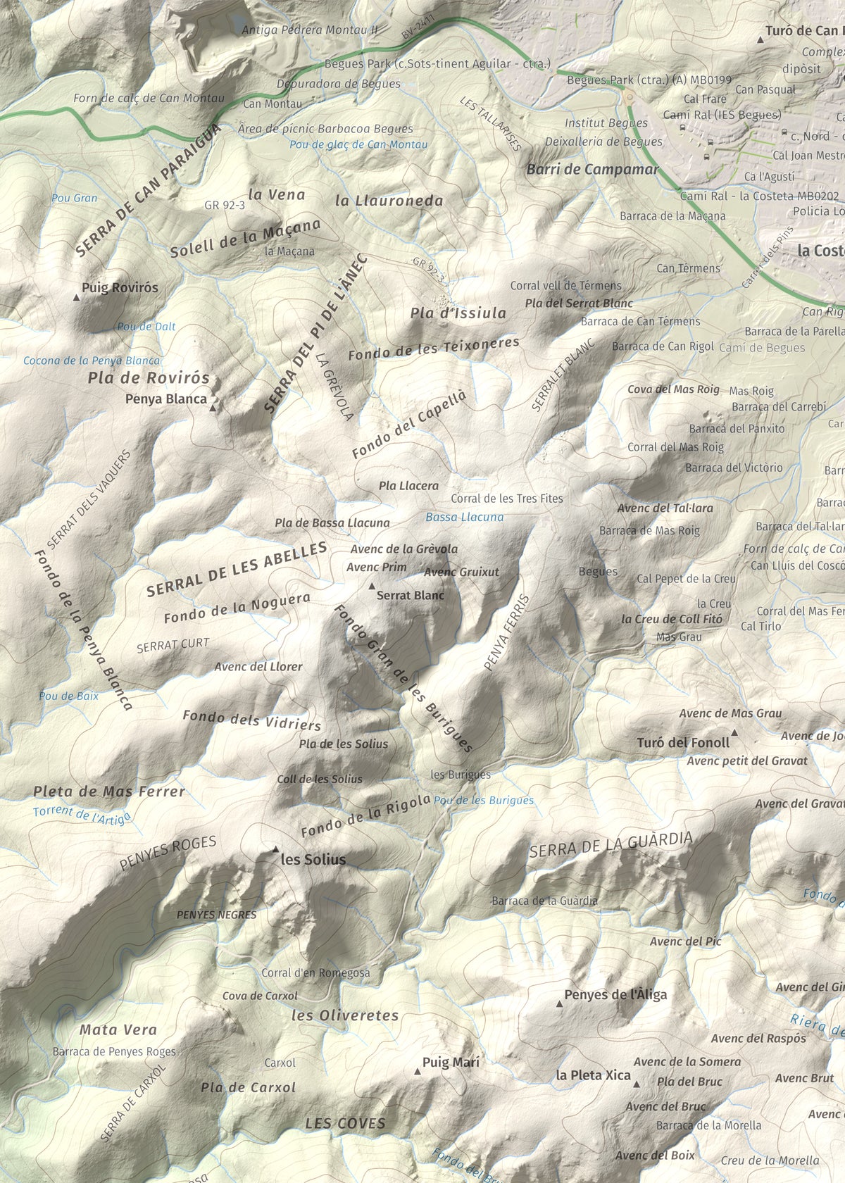 Mapa topogràfic del relleu: La Morella, 594 m. Detall de la zona superior esquerra. 50 × 70 cm.