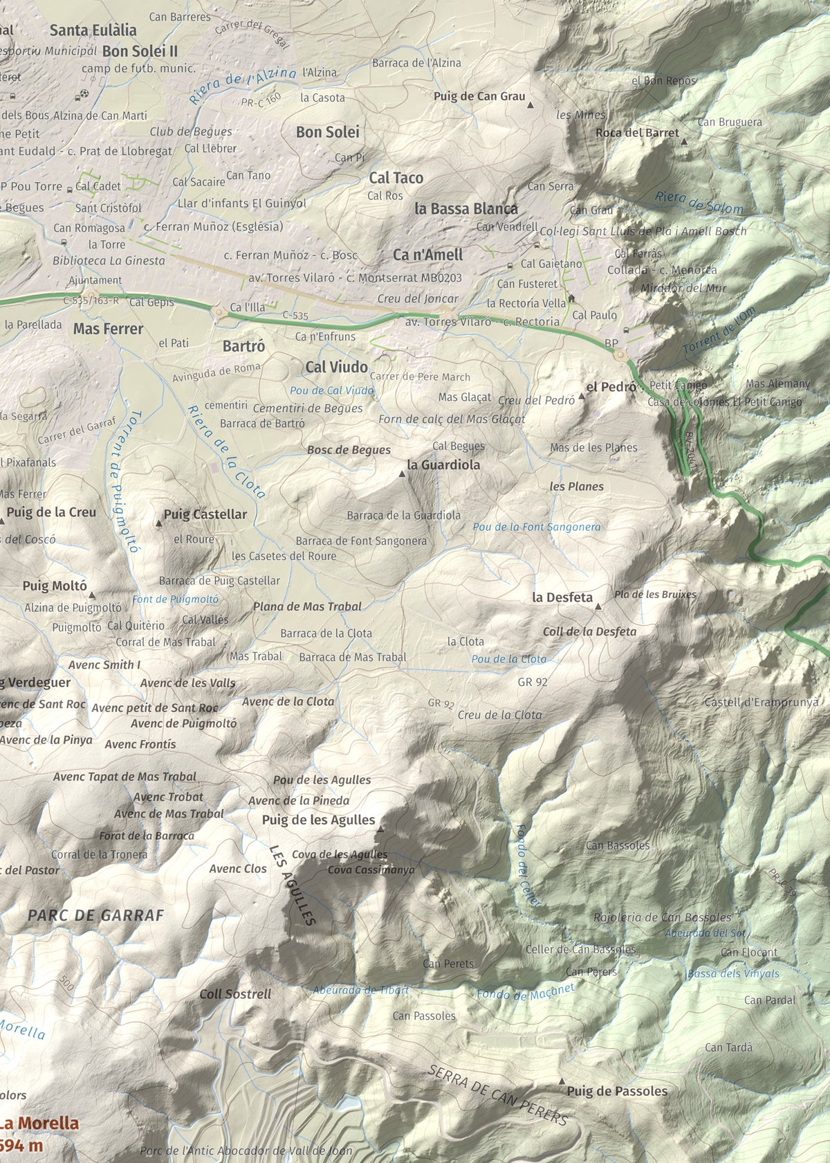 Mapa topogràfic del relleu: La Morella, 594 m. Detall de la zona superior dreta. 50 × 70 cm.