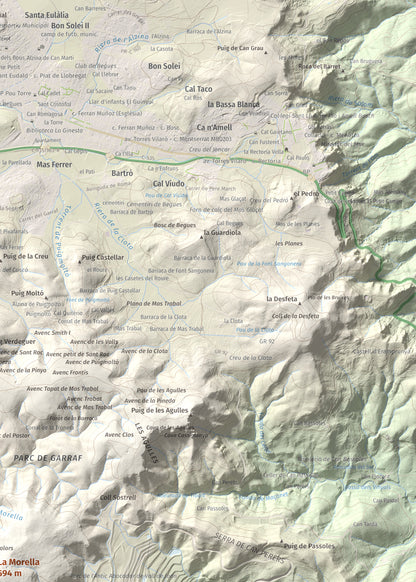 Mapa topogràfic del relleu: La Morella, 594 m. Detall de la zona superior dreta. 50 × 70 cm.