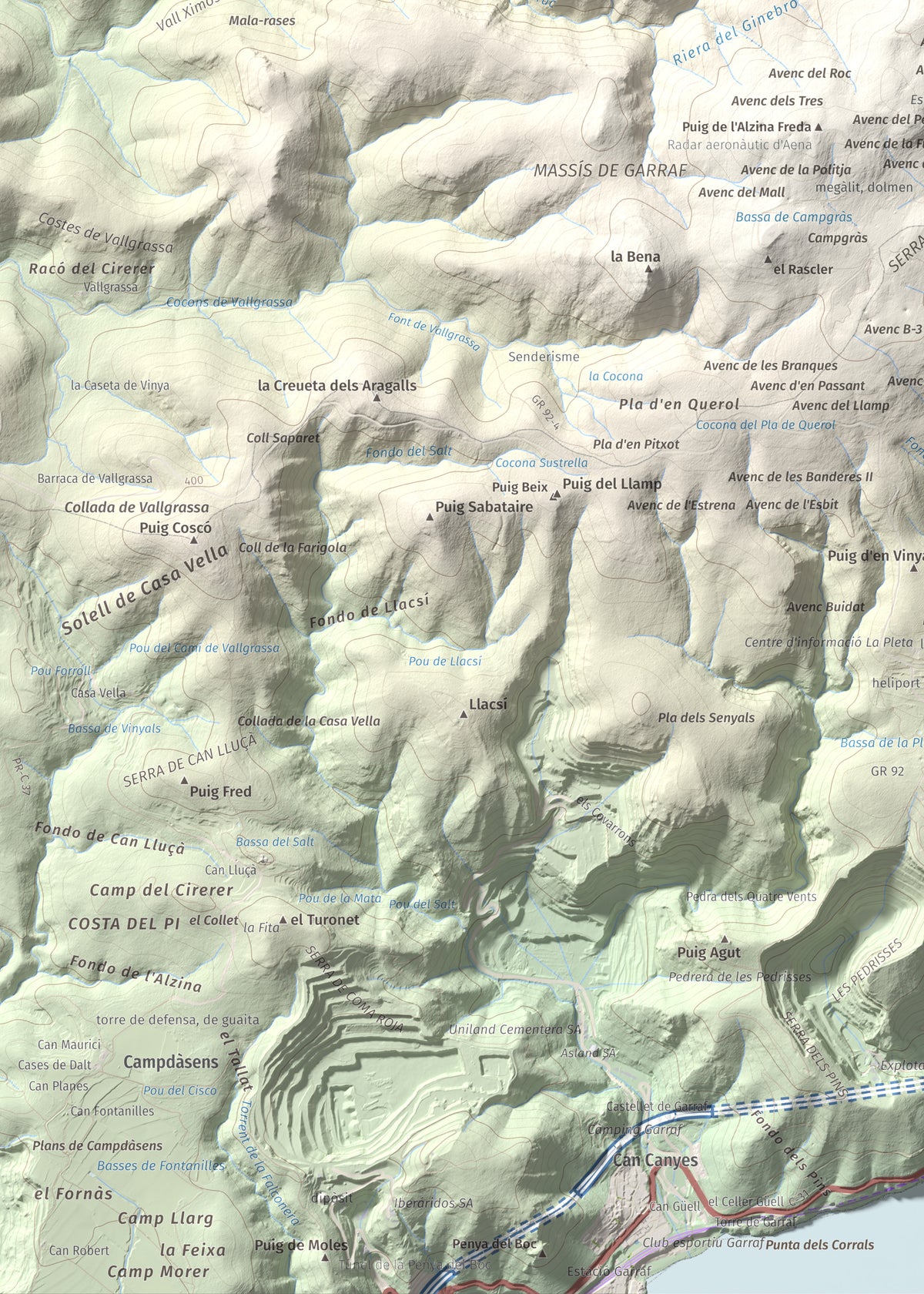 Mapa topogràfic del relleu: La Morella, 594 m. Detall de la zona inferior esquerra. 50 × 70 cm.