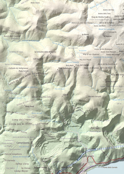 Mapa topogràfic del relleu: La Morella, 594 m. Detall de la zona inferior esquerra. 50 × 70 cm.