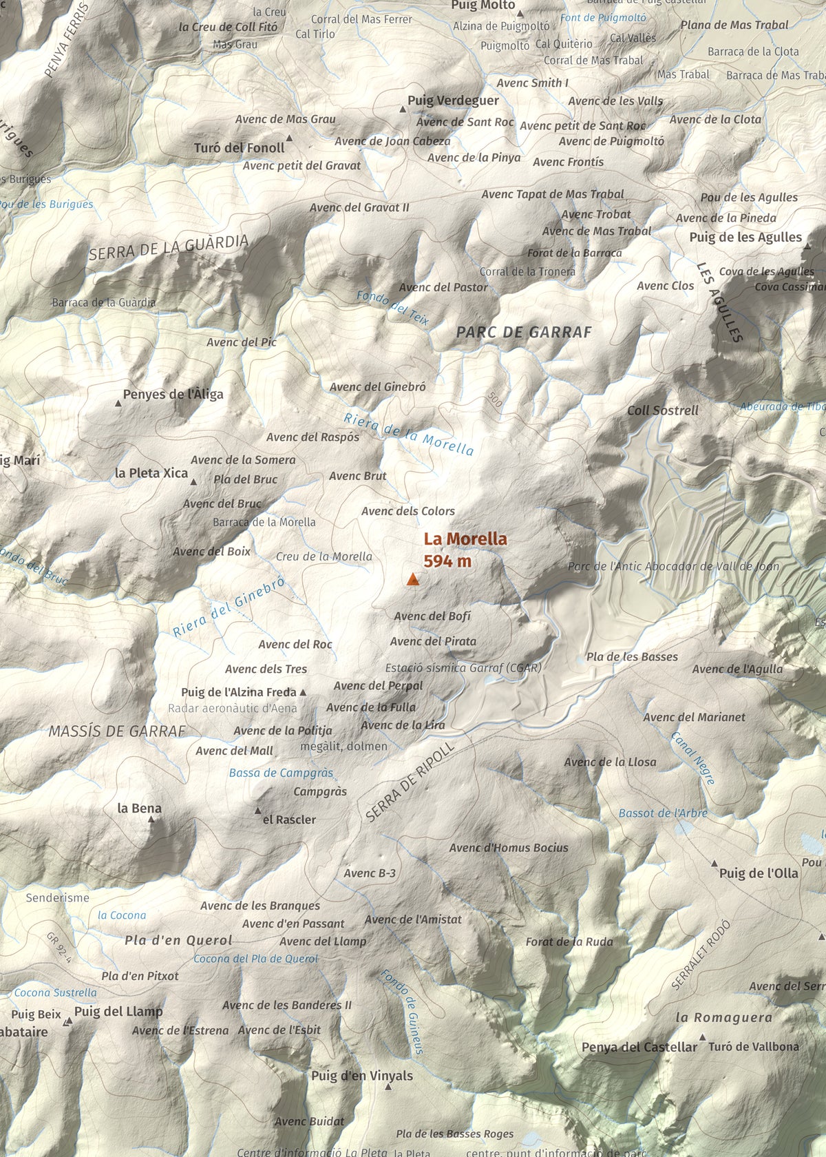 Mapa topogràfic del relleu: La Morella, 594 m. Detall de la zona central. 50 × 70 cm.
