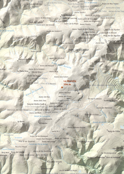 Mapa topogràfic del relleu: La Morella, 594 m. Detall de la zona central. 50 × 70 cm.