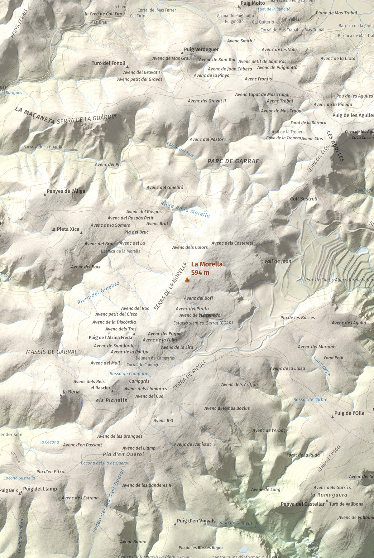 Mapa topogràfic del relleu: La Morella, 594 m. Detall de la zona central. 61 × 91 cm.