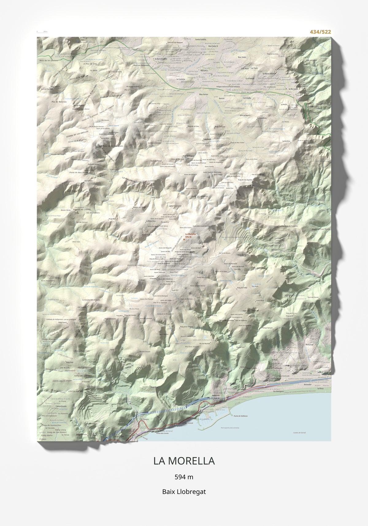 Mapa topogràfic del relleu: La Morella, 594 m. Làmina completa. 70 × 100 cm.