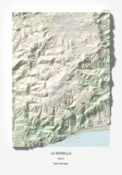 Mapa topogràfic del relleu: La Morella, 594 m. Làmina completa. 70 × 100 cm.