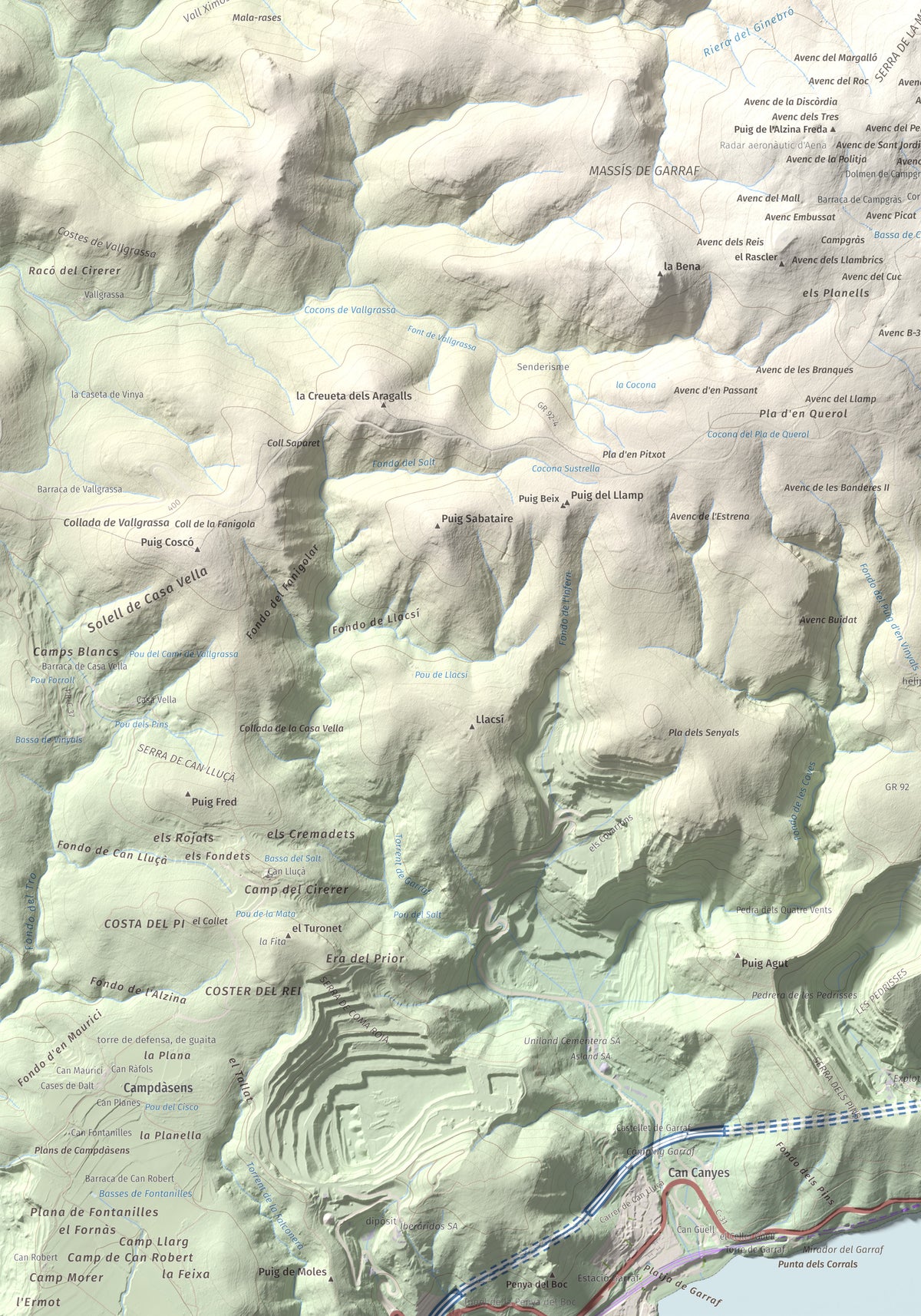 Mapa topogràfic del relleu: La Morella, 594 m. Detall de la zona inferior esquerra. 70 × 100 cm.