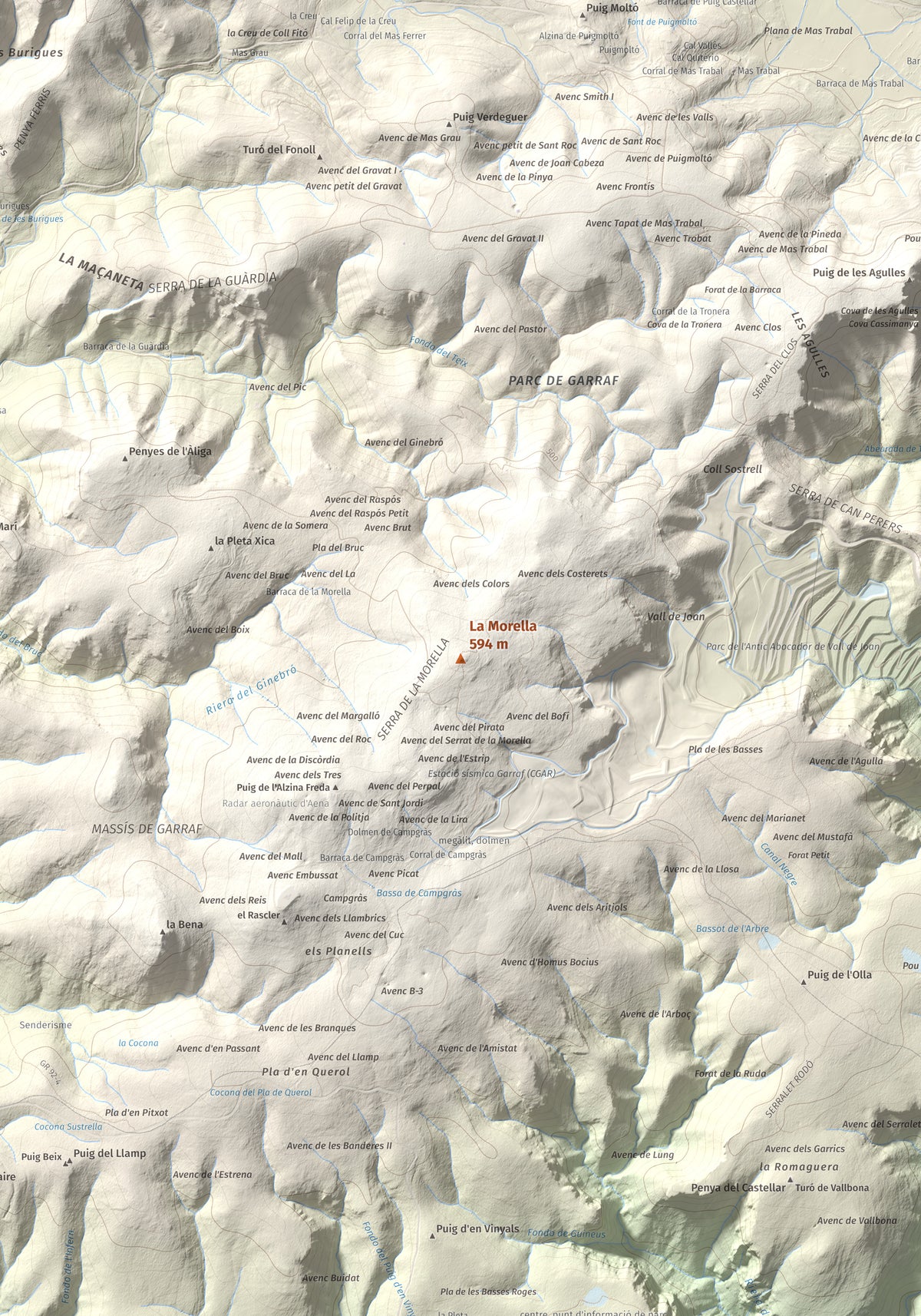 Mapa topogràfic del relleu: La Morella, 594 m. Detall de la zona central. 70 × 100 cm.