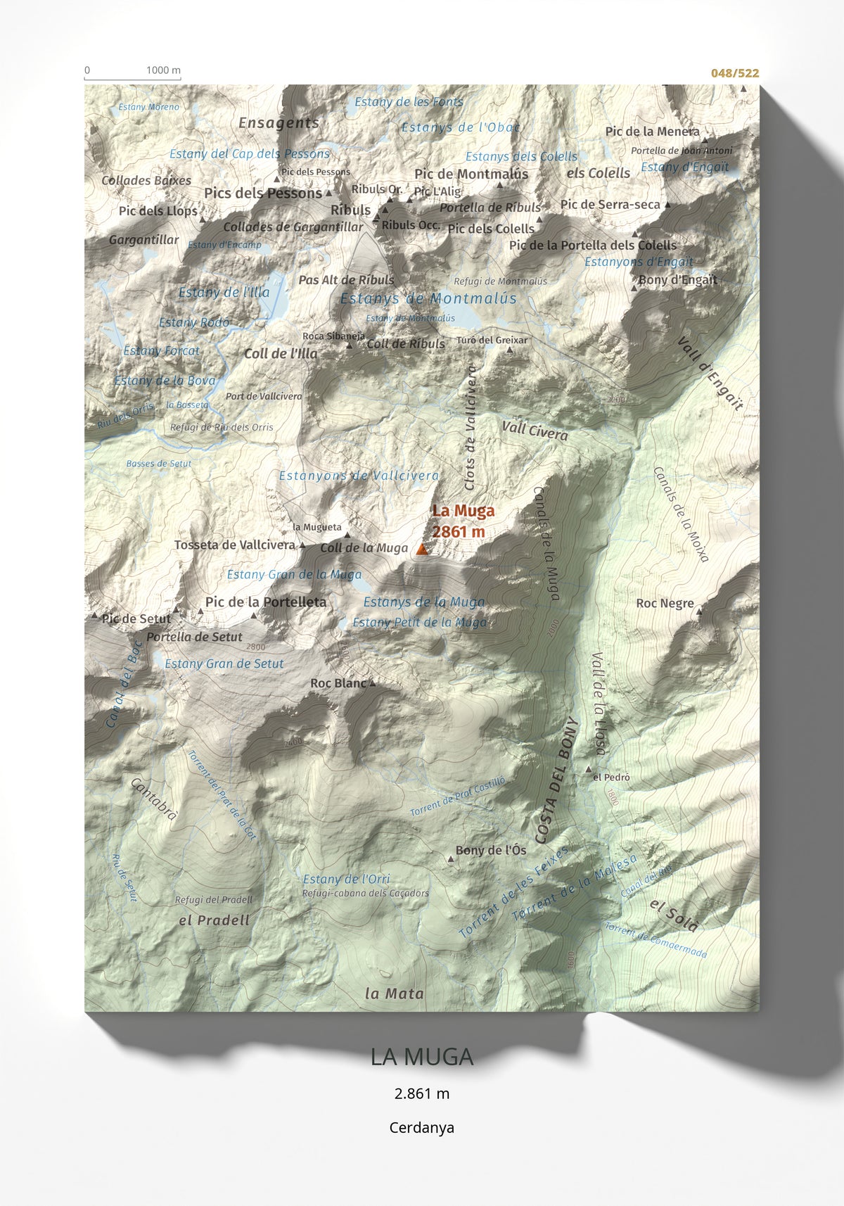 Mapa de relieve de La Muga, 2861 m, Cerdanya, lámina 100 Cims de Trobart 21 × 30 cm.