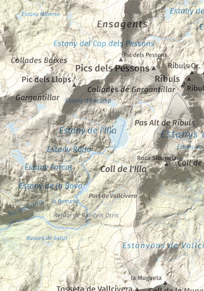 Mapa de relieve de La Muga, 2861 m, Cerdanya, lámina 100 Cims de Trobart. Detalle de la zona superior izquierda. 21 × 30 cm.