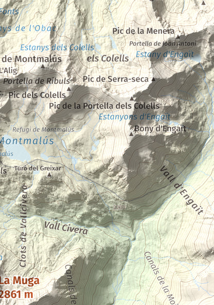 Mapa de relieve de La Muga, 2861 m, Cerdanya, lámina 100 Cims de Trobart. Detalle de la zona superior derecha. 21 × 30 cm.