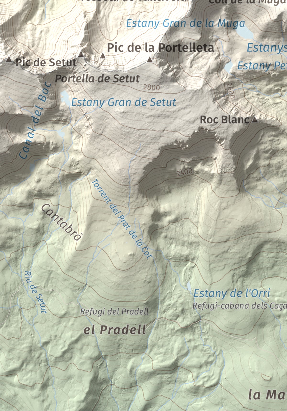 Mapa de relieve de La Muga, 2861 m, Cerdanya, lámina 100 Cims de Trobart. Detalle de la zona inferior izquierda. 21 × 30 cm.