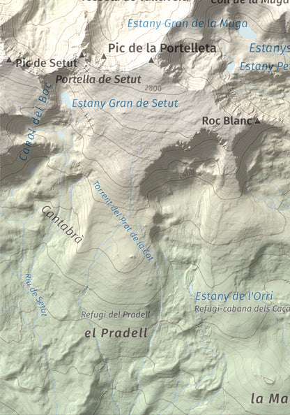 Mapa de relieve de La Muga, 2861 m, Cerdanya, lámina 100 Cims de Trobart. Detalle de la zona inferior izquierda. 21 × 30 cm.