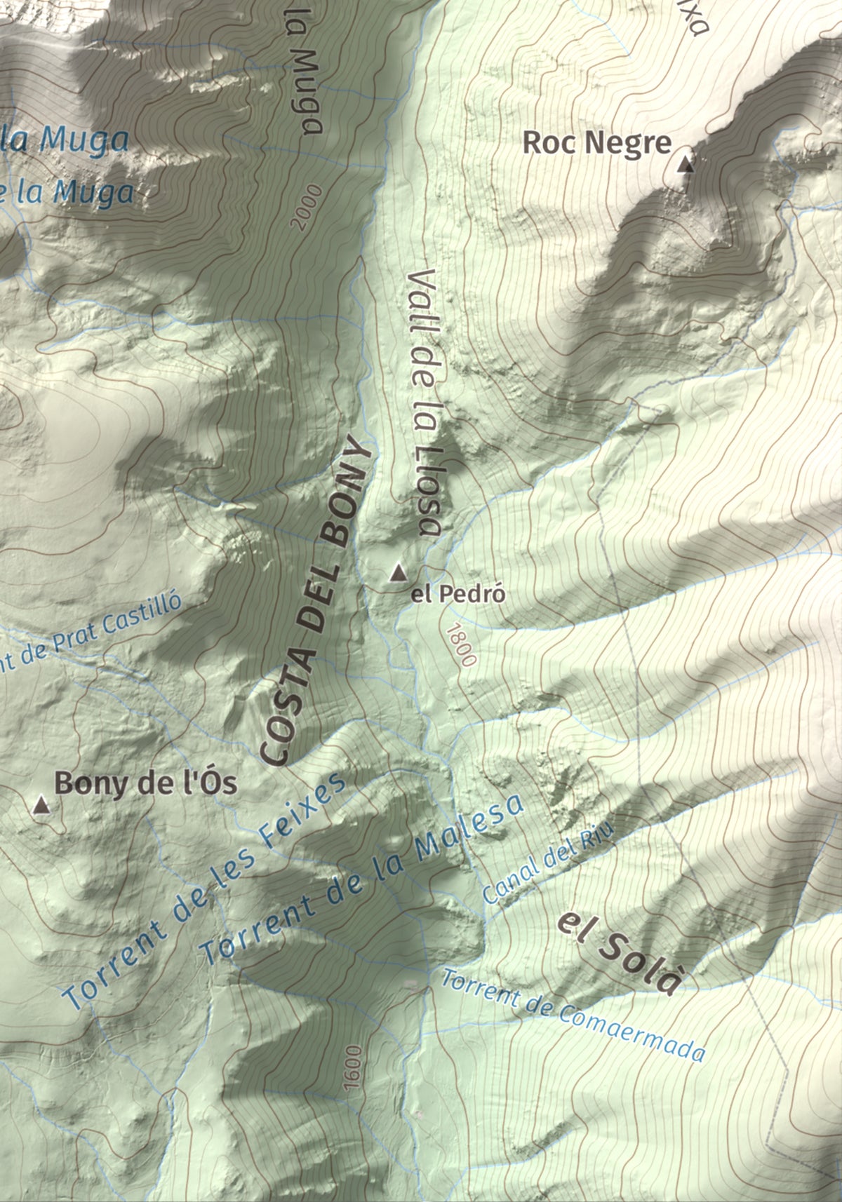 Mapa de relieve de La Muga, 2861 m, Cerdanya, lámina 100 Cims de Trobart. Detalle de la zona inferior derecha. 21 × 30 cm.