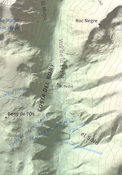 Mapa de relieve de La Muga, 2861 m, Cerdanya, lámina 100 Cims de Trobart. Detalle de la zona inferior derecha. 21 × 30 cm.