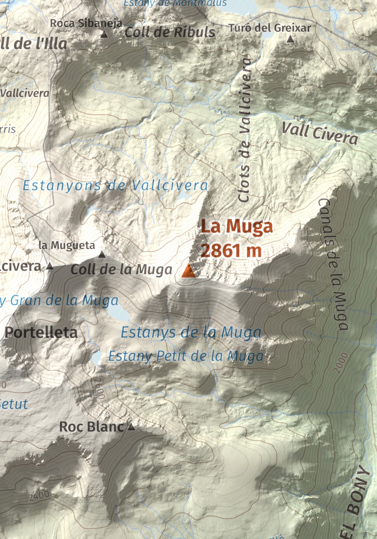 Mapa de relieve de La Muga, 2861 m, Cerdanya, lámina 100 Cims de Trobart. Detalle de la zona central. 21 × 30 cm.