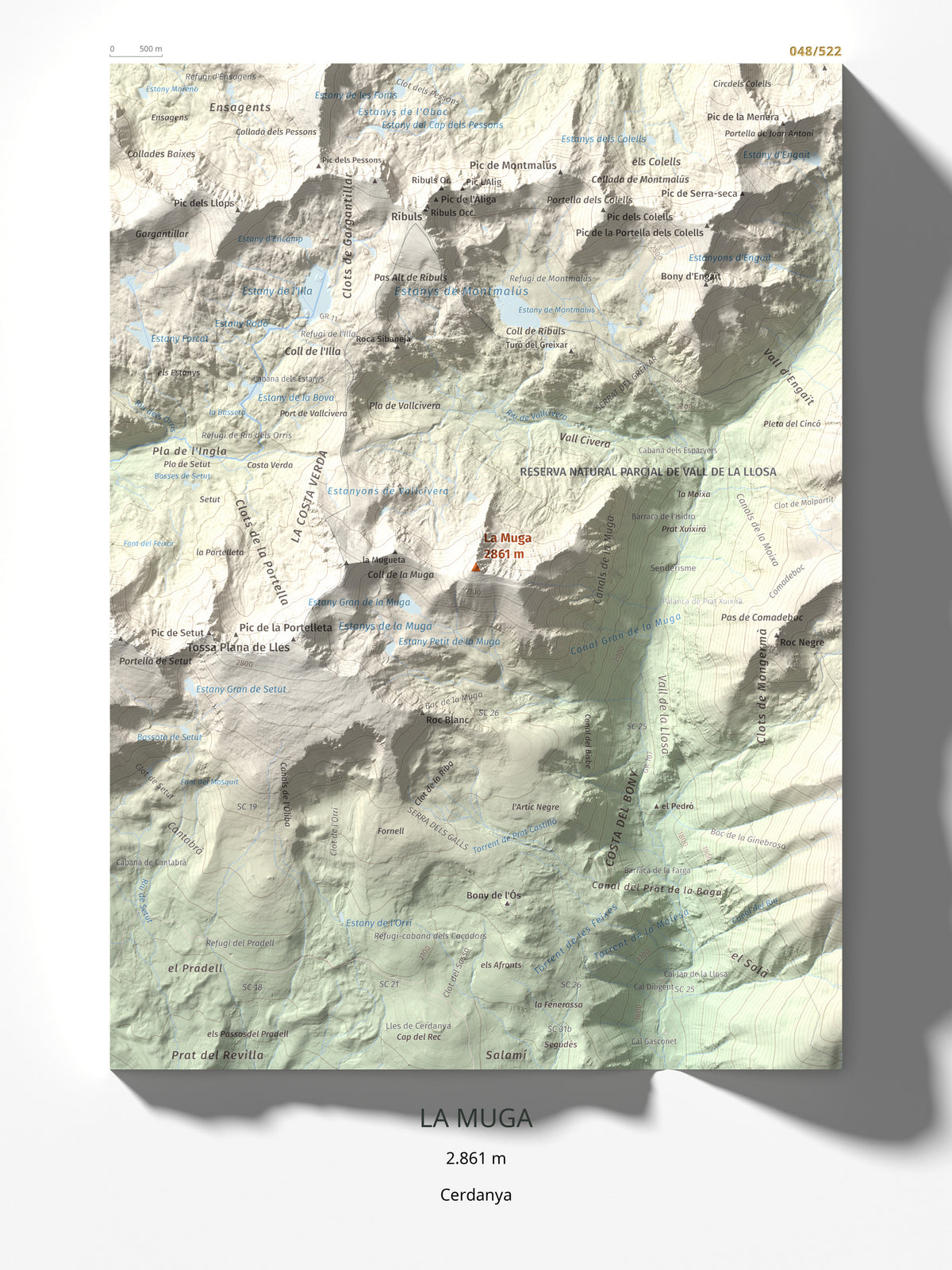 Mapa de relieve de La Muga, 2861 m, Cerdanya, lámina 100 Cims de Trobart 30 × 40 cm.
