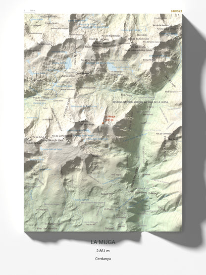 Mapa de relieve de La Muga, 2861 m, Cerdanya, lámina 100 Cims de Trobart 30 × 40 cm.