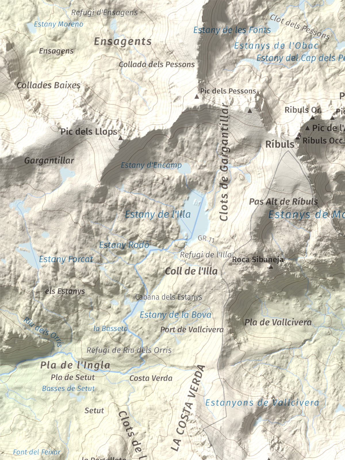 Mapa de relieve de La Muga, 2861 m, Cerdanya, lámina 100 Cims de Trobart. Detalle de la zona superior izquierda. 30 × 40 cm.