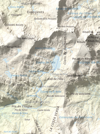 Mapa de relieve de La Muga, 2861 m, Cerdanya, lámina 100 Cims de Trobart. Detalle de la zona superior izquierda. 30 × 40 cm.