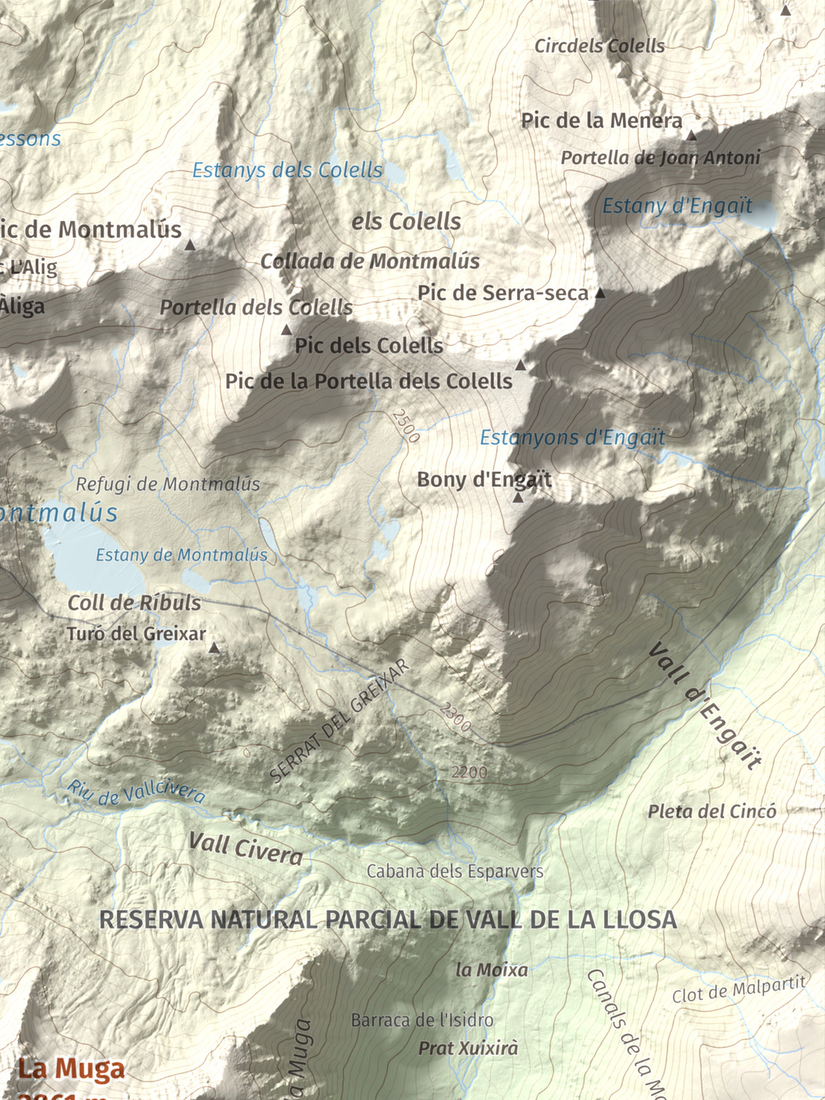 Mapa de relieve de La Muga, 2861 m, Cerdanya, lámina 100 Cims de Trobart. Detalle de la zona superior derecha. 30 × 40 cm.