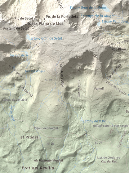 Mapa de relieve de La Muga, 2861 m, Cerdanya, lámina 100 Cims de Trobart. Detalle de la zona inferior izquierda. 30 × 40 cm.
