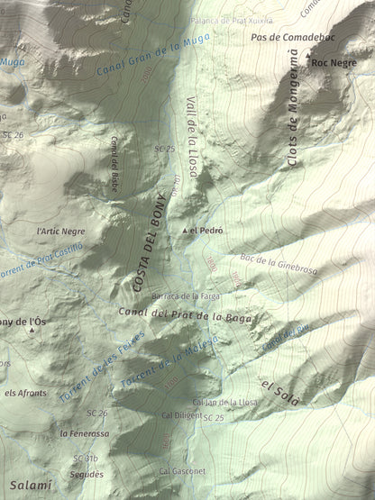 Mapa de relieve de La Muga, 2861 m, Cerdanya, lámina 100 Cims de Trobart. Detalle de la zona inferior derecha. 30 × 40 cm.