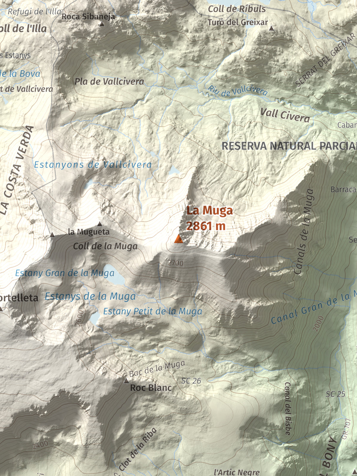 Mapa de relieve de La Muga, 2861 m, Cerdanya, lámina 100 Cims de Trobart. Detalle de la zona central. 30 × 40 cm.