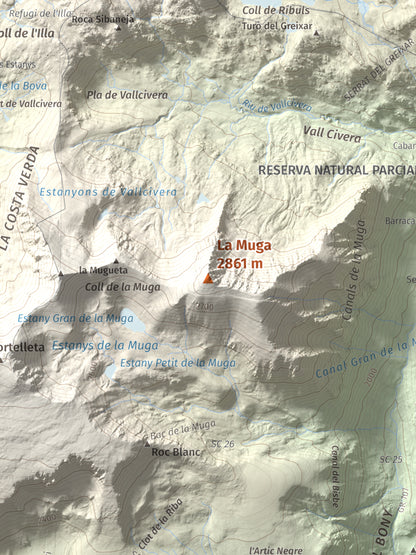 Mapa de relieve de La Muga, 2861 m, Cerdanya, lámina 100 Cims de Trobart. Detalle de la zona central. 30 × 40 cm.
