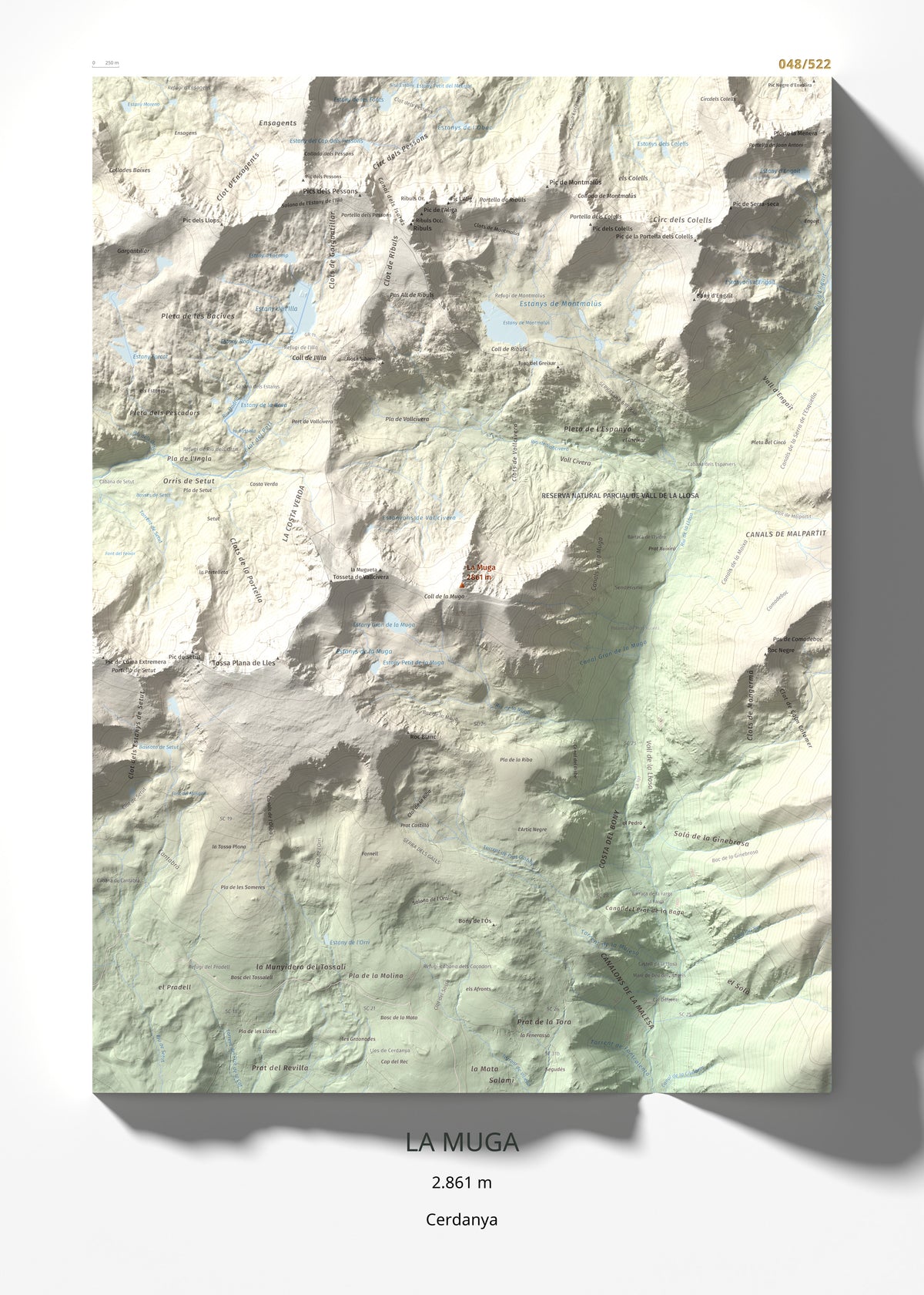 Mapa de relieve de La Muga, 2861 m, Cerdanya, lámina 100 Cims de Trobart 50 × 70 cm.