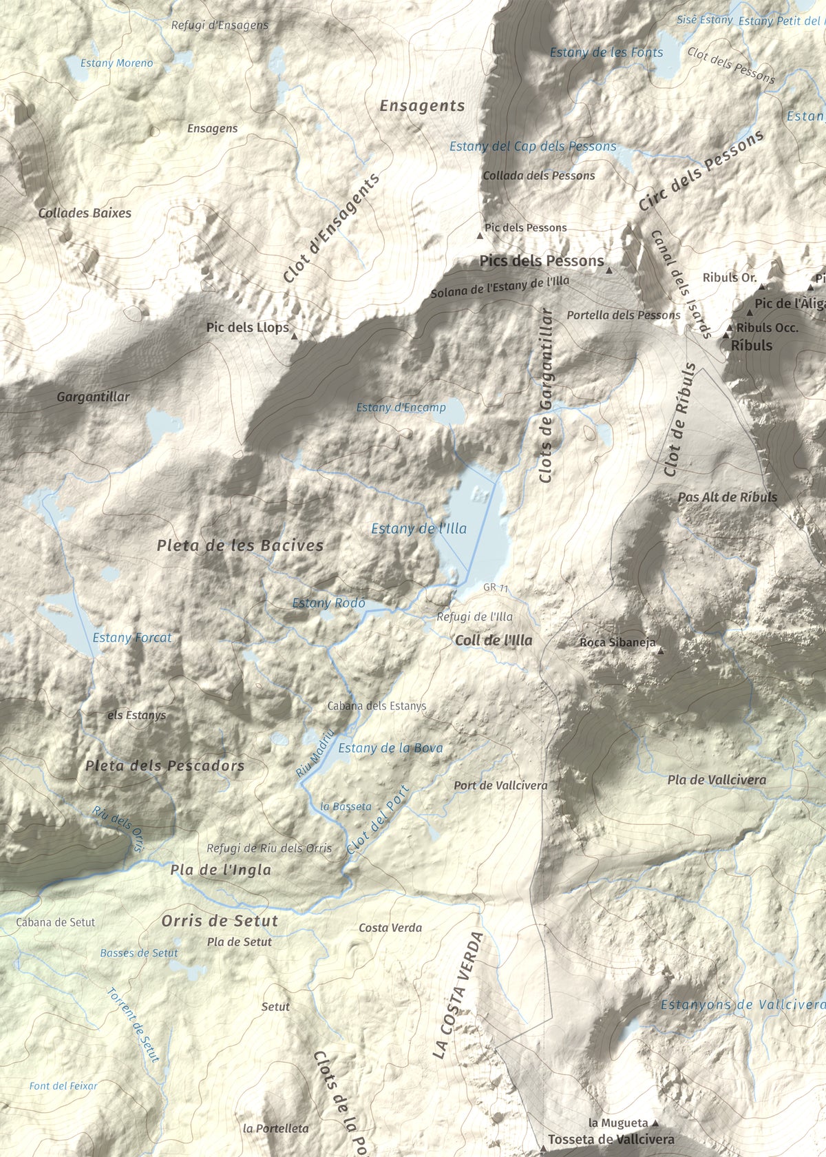 Mapa de relieve de La Muga, 2861 m, Cerdanya, lámina 100 Cims de Trobart. Detalle de la zona superior izquierda. 50 × 70 cm.