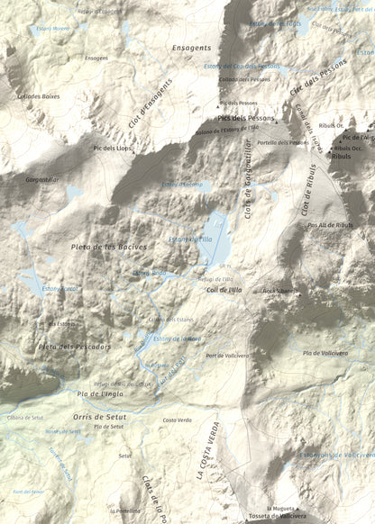 Mapa de relieve de La Muga, 2861 m, Cerdanya, lámina 100 Cims de Trobart. Detalle de la zona superior izquierda. 50 × 70 cm.