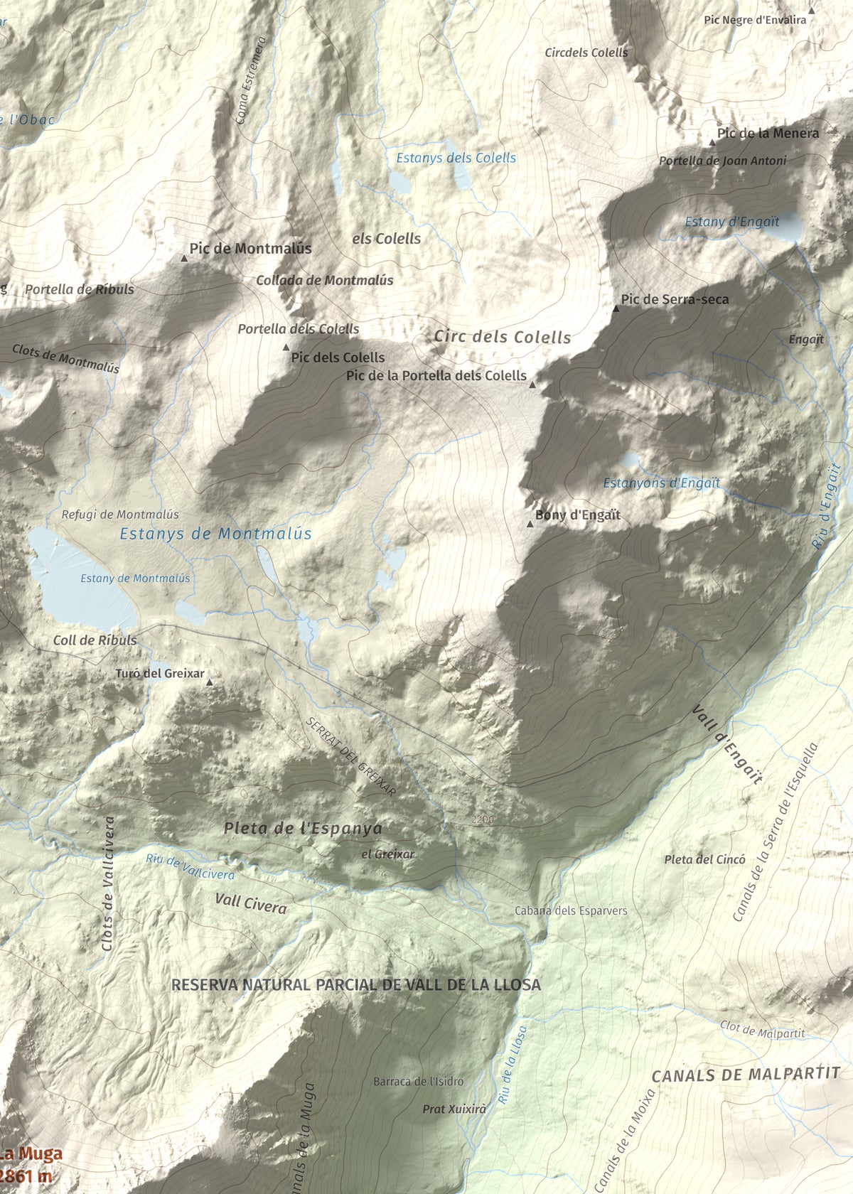 Mapa de relieve de La Muga, 2861 m, Cerdanya, lámina 100 Cims de Trobart. Detalle de la zona superior derecha. 50 × 70 cm.