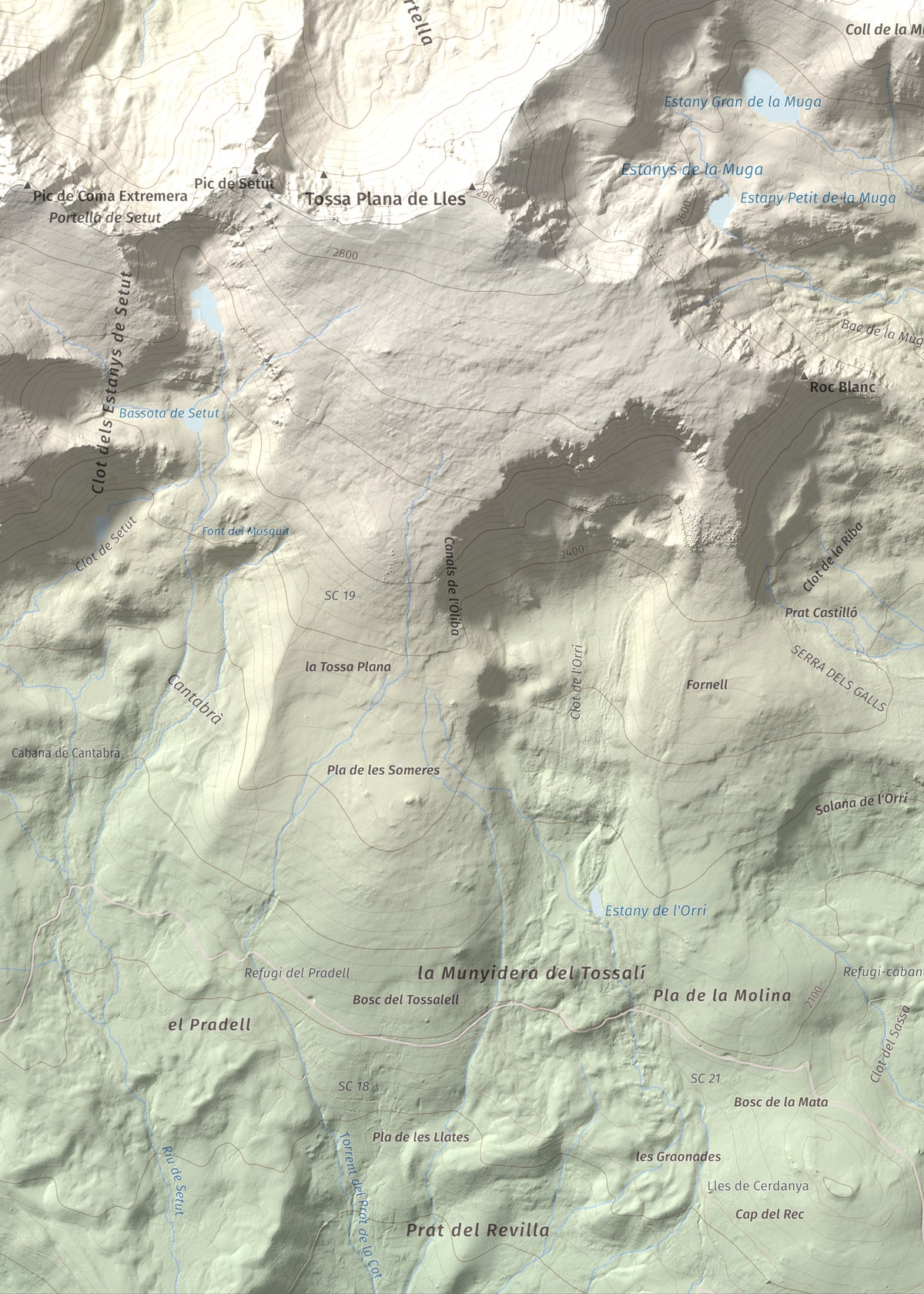 Mapa de relieve de La Muga, 2861 m, Cerdanya, lámina 100 Cims de Trobart. Detalle de la zona inferior izquierda. 50 × 70 cm.