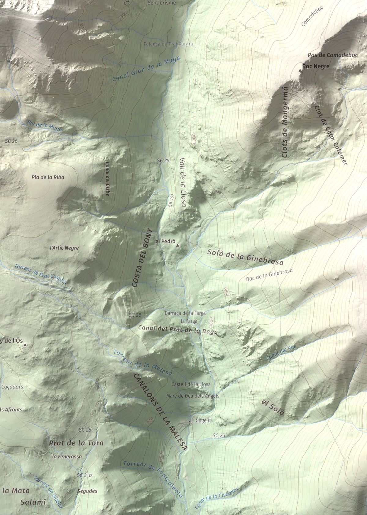 Mapa de relieve de La Muga, 2861 m, Cerdanya, lámina 100 Cims de Trobart. Detalle de la zona inferior derecha. 50 × 70 cm.