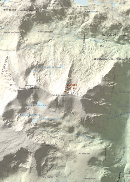 Mapa de relieve de La Muga, 2861 m, Cerdanya, lámina 100 Cims de Trobart. Detalle de la zona central. 50 × 70 cm.