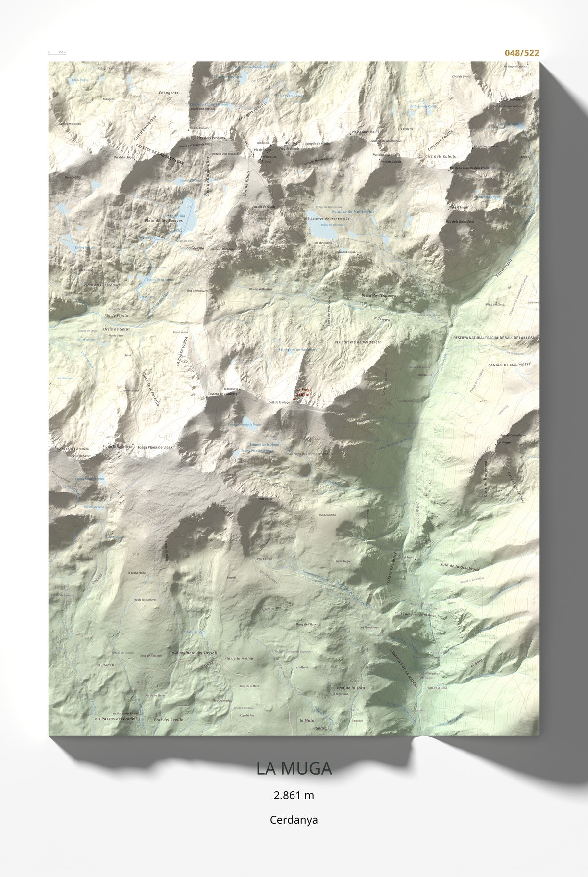 Mapa de relieve de La Muga, 2861 m, Cerdanya, lámina 100 Cims de Trobart 61 × 91 cm.