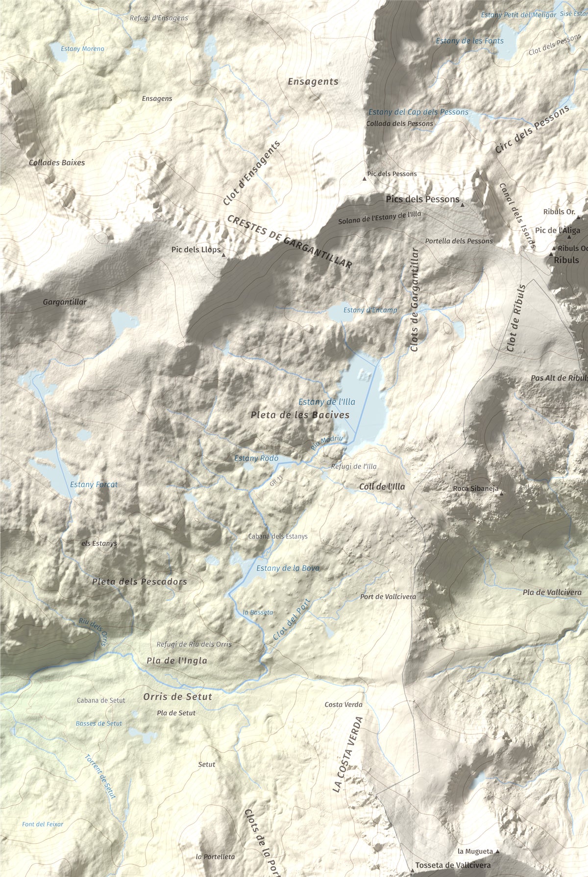 Mapa de relieve de La Muga, 2861 m, Cerdanya, lámina 100 Cims de Trobart. Detalle de la zona superior izquierda. 61 × 91 cm.