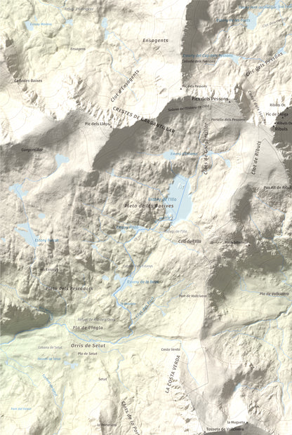 Mapa de relieve de La Muga, 2861 m, Cerdanya, lámina 100 Cims de Trobart. Detalle de la zona superior izquierda. 61 × 91 cm.